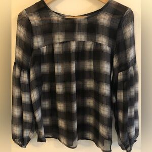 Old Navy Black & Gray Plaid Sheer Blouse